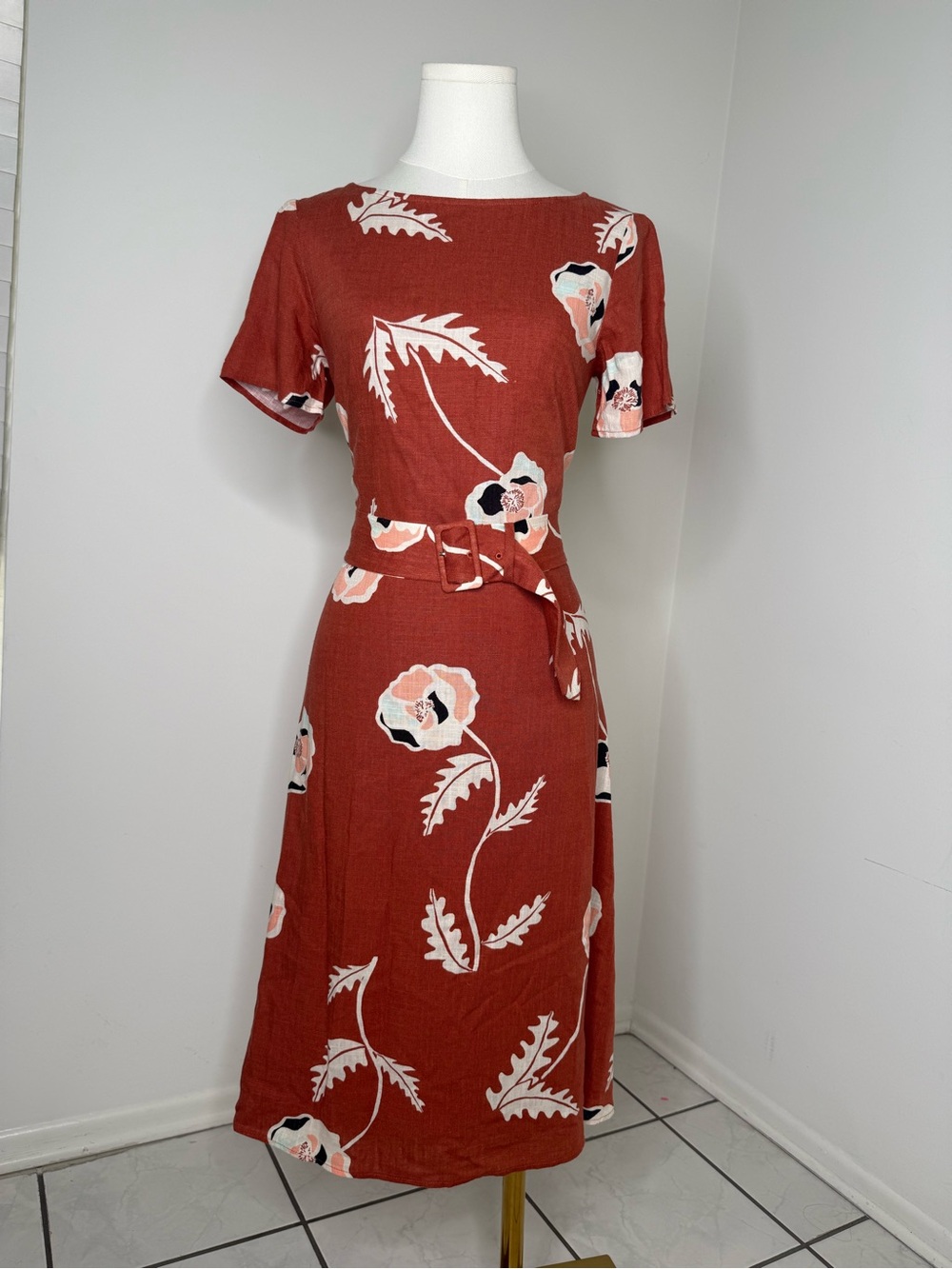 Ann Taylor Rust Floral Midi Dress with Belt